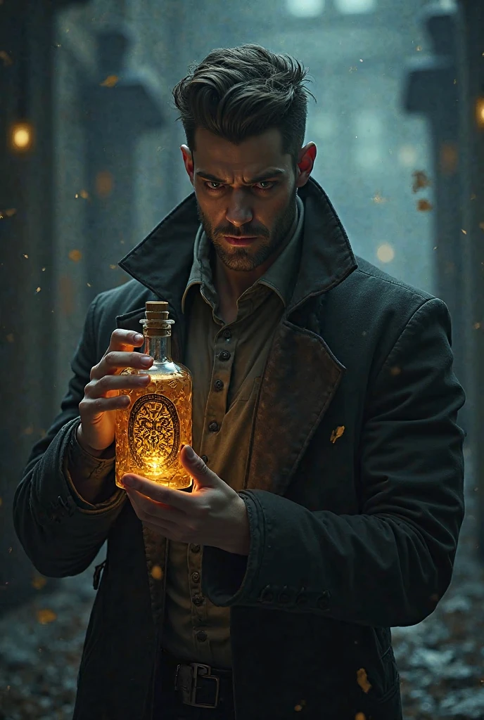 A man in a short coat holding a bottle of madam oil.