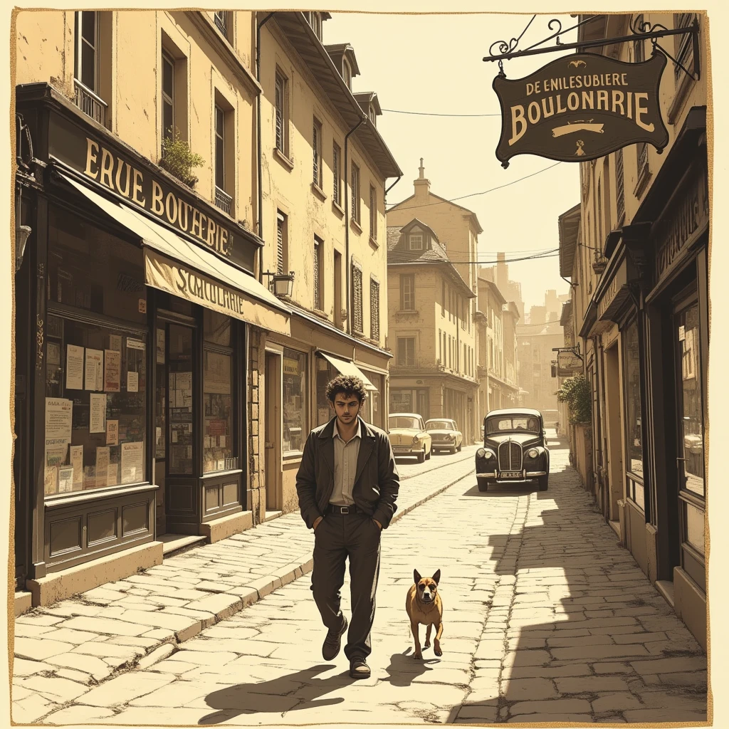 A sepia-toned drawing portrays a young  walking through a French neighborhood in the mid-20th century, lost in thought. The cobblestone street, the boulangerie with its large sign, and a stray dog following him all create a nostalgic, quiet atmosphere, while subtle details like peeling posters and vintage cars bring the scene to life.