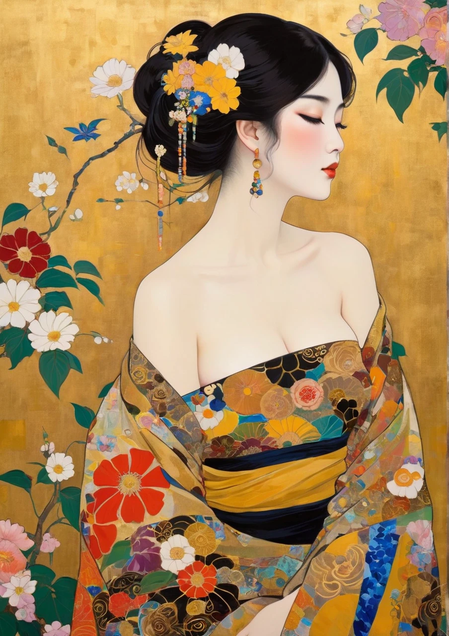 Masterpiece Japanese Painting, Klimt Style Masterpiece, flat art, Crepas painting,    abstract,  lots of flowers , looking at flat illustration, 40 years old, Off Shoulder, harf-open-eyes,sexy,  Bold Composition ,