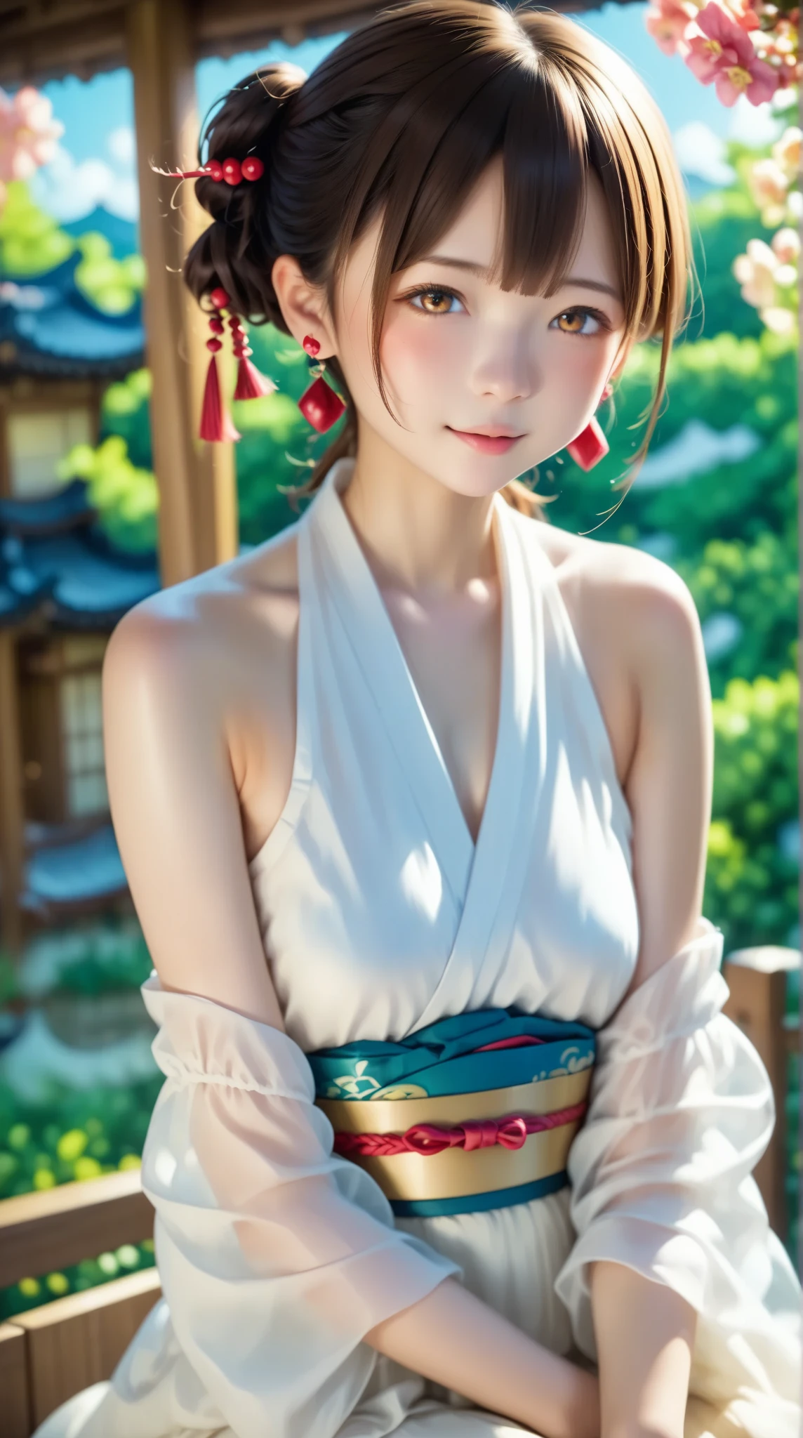 perfect anatomy:1.5、(((Japanese woman, Japanese girl))), 20 year old cute girl、very white skinned girl、cute face、light brown eyes showing armpit sweats、brown hair、bothered expression、Cheek resting on hand、オーバーサイズの white poncho、(((see-through poncho、erotism、 white poncho)))、Western-style garden、Sit in the gazebo