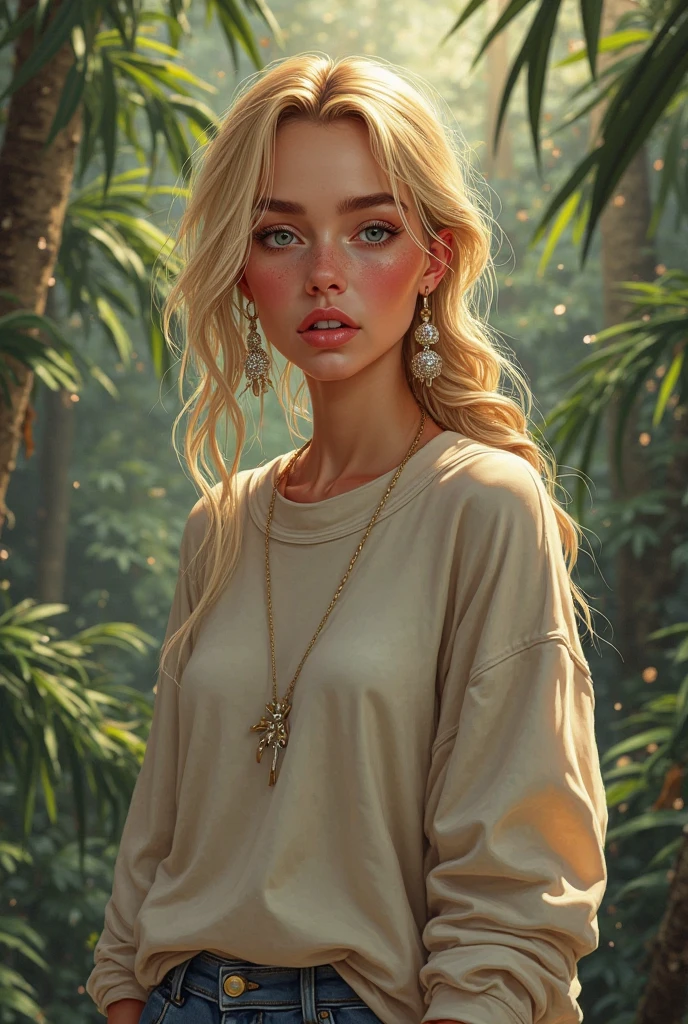 fanart of blonde Italian women, choppy hair, long silver earrings, rosy cheeks and nose tips, pet kapabara traveling in the Atlantic jungle of Brazil in thin clothes, long sweatshirt and plain jeans, mata amber