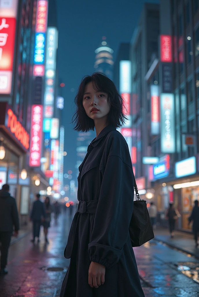 Japanese woman，about 30 years old, pretty dark hair，Walking through the city at night，