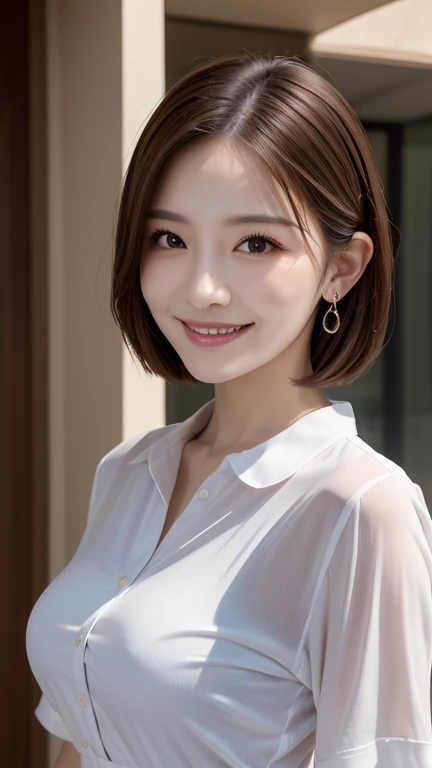 ((masterpiece)), ((Highest quality)), ((Complex)), ((Surreal)), (Realistic), (Mature Woman), ((No classes)), Very detailed, (1 female), Beautiful and exquisite, (Beautiful Teeth), Grin, Brunette Bob Hair, Brown eyes, ((blouse)), (Upper Body), (background:none), Perfect Eyes, Captivating eyes, Looking at the audience
