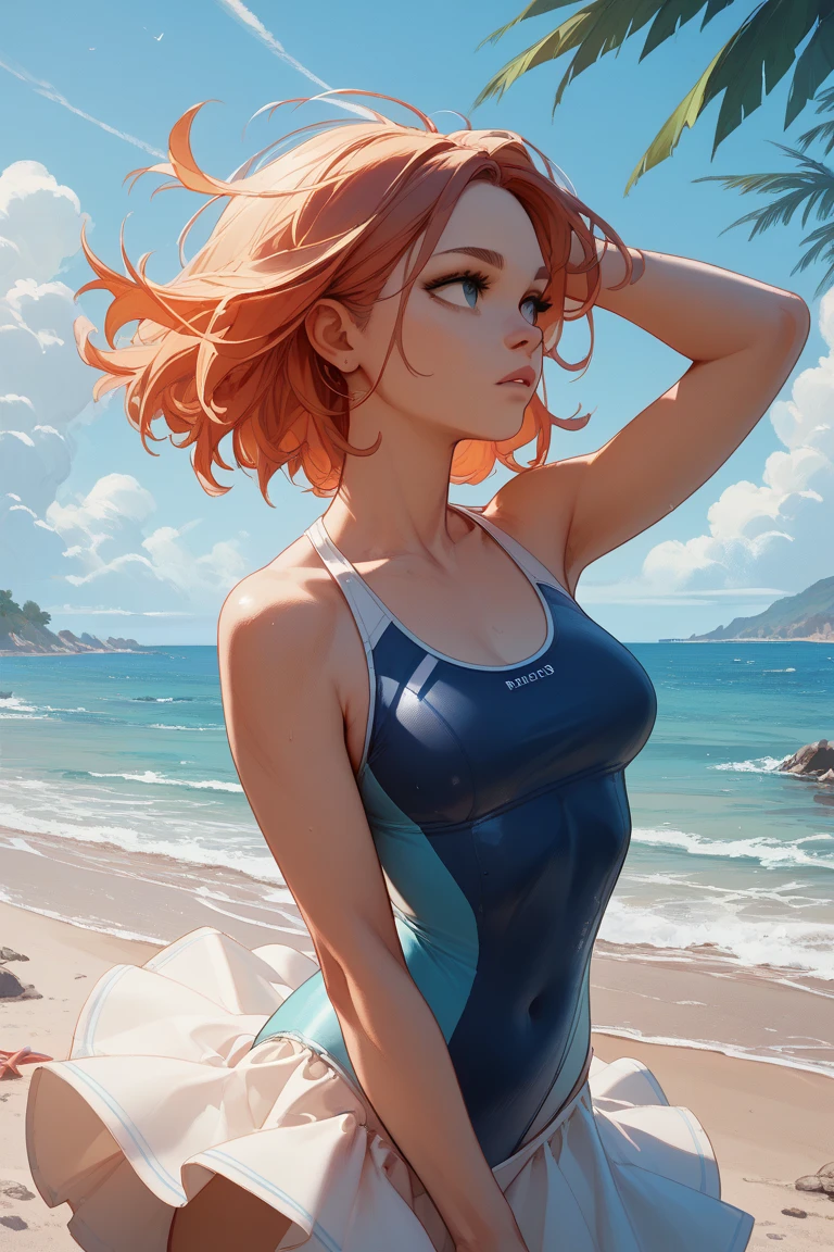 1 girl、From the neck to the bottom of the leg、Upper body swimsuit、lower body long tulle skirt、Beach Scene、masterpiece、top quality