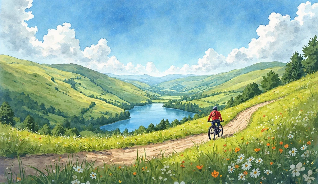 A watercolor view of the beautiful lush green Yorkshire Dales in England with a person on a mountain bike in the middle distance. There is a lake and a view from a dirt track going off into the distance. The sky above is crystal clear blue with a few scattered clouds here and there. The photo captures the beauty and ruggedness of the English Landscape
