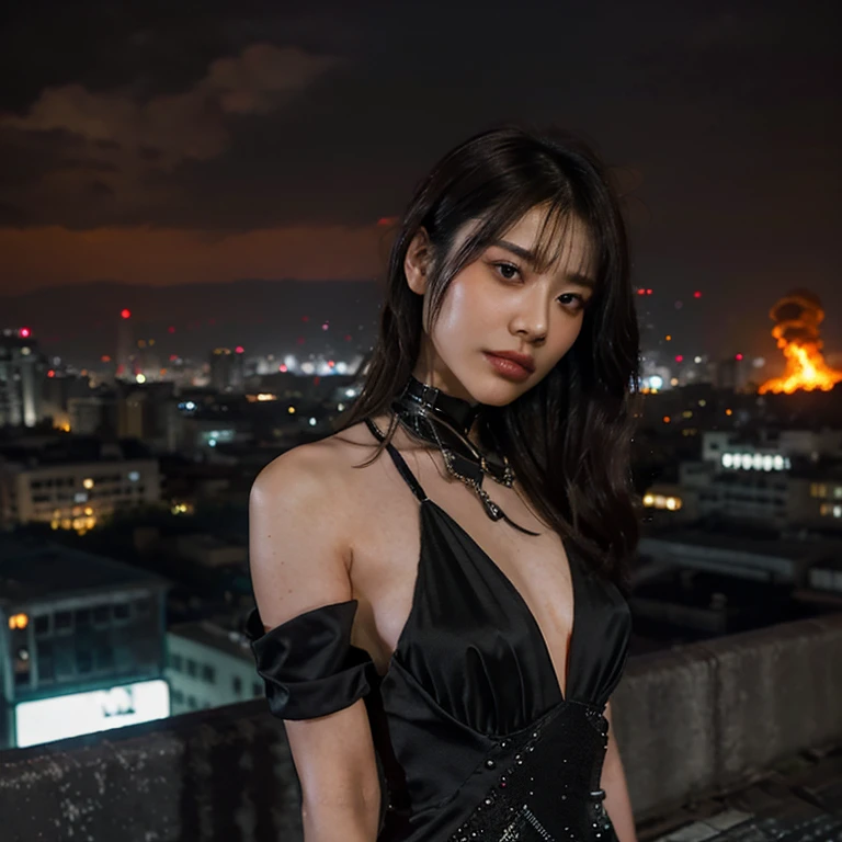 1 Girl, (Looking at the audience:1.2), Facial details, (Standing girl, rending on cgsociety, Black Shadow, stream media, New York Background), Long legs, atmosphere, (original photo, best quality), (Practical, photo-Practical:1.3), masterpiece, extremely delicate and beautiful, Extremely detailed、Night view、（Depth of Field:1.3)、Models behind the scenes