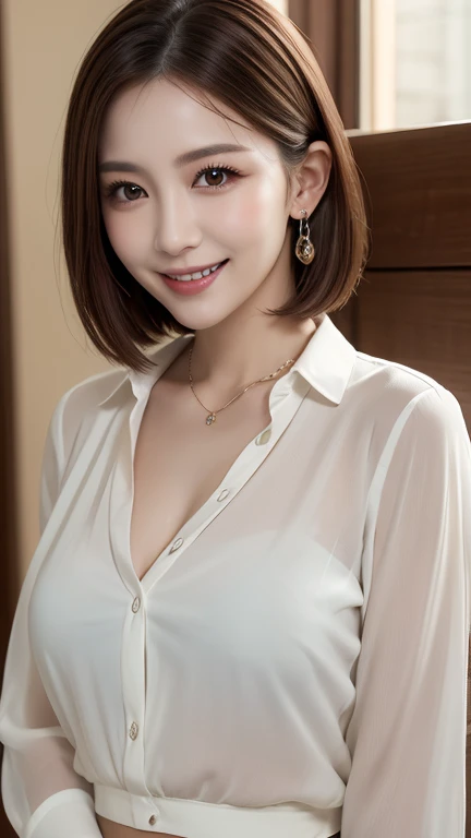 ((masterpiece)), ((Highest quality)), ((Complex)), ((Surreal)), (Realistic), (Mature Woman), ((No classes)), Very detailed, (1 female), Beautiful and exquisite, (Beautiful Teeth), Grin, Brunette bob hair, Brown eyes, ((blouse)), (Upper Body), (background:none), Perfect Eyes, Captivating eyes, Looking at the audience
