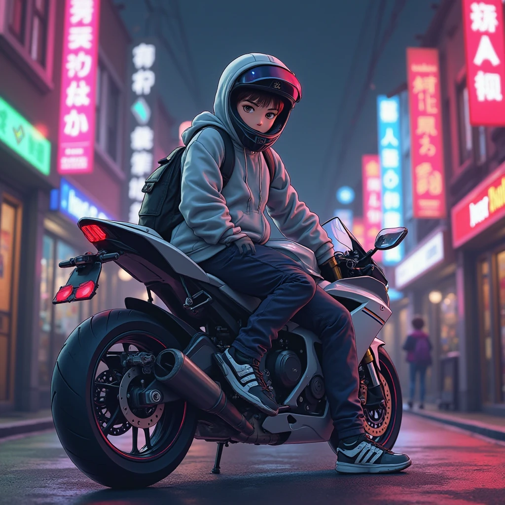 ((Anime)) ((manga)). Animated late ager boy, grey hoodie, black trackpant, school bag, adidas sneakers, biker's helmet with visor opened. Sitting on a super bike, kawasaki ninja H2R, headlights turned on. Background: a pub Street with bright colourful neon lights reflecting on all surfaces. Boy looking towards viewers showing swag signature. 8K picture resolution