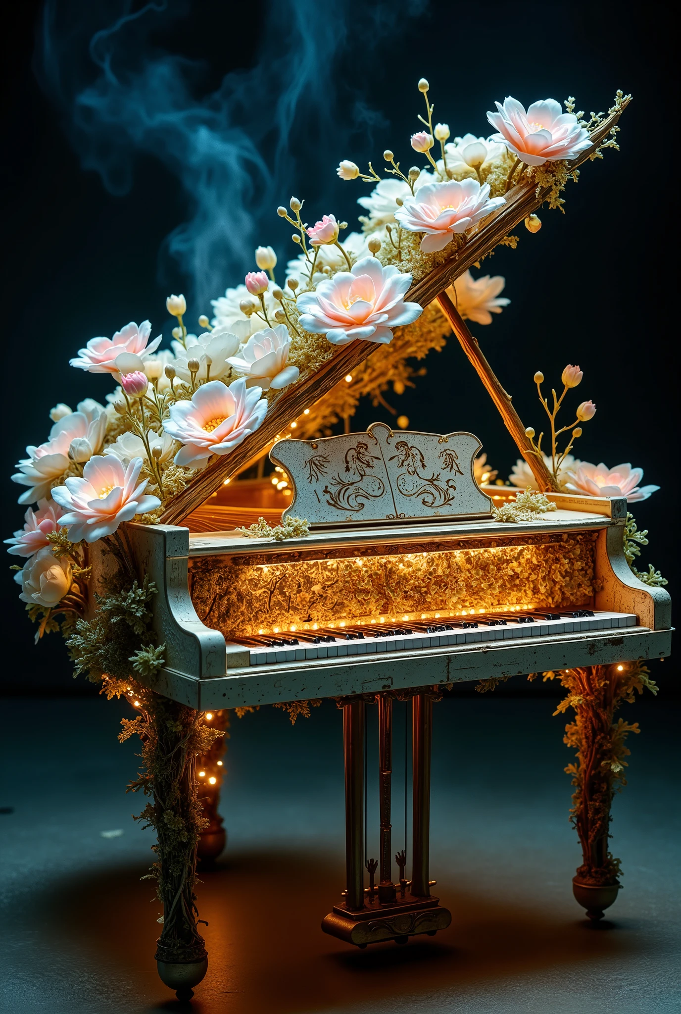 case : Curved piano, and each note revives the.
Base: Metal frame, glows wrapped in artificial branches with leaves (Material: The connection between nature and art).
“Shrubs”: Fluffy inflorescences made of silk or silicone, x} responding to pressing (Shades: take, pink, white, cream).
keys :
petals: Each key is a soft to the touch petal with a color gradient (You can add fog).
mechanism: and the air is filled with the aroma of roses, The melodies resemble a harp. The sound is generated by an electronic module inside the case.
The tone: a polymer with a bark texture, bells or piano with an echo effect.
buds open:
When you touch the petal slightly (Backlight at the edges).
Pressing a few keys causes “flowering” — the buds on the bushes open, as the musician touches the petals.
petals-клавиши:
From the dark base to the bright edge, Special effects.
Inside are miniature LEDs to illuminate.
SUPPORT :
The “trunk” of the piano is covered with moss and small flowers.
Legs — stylized as roots or twisted metal vines.
backlight:
The LED strips in the case create a sunset effect (warm tones) like real roses (голубые Shades).
petals светятся изнутри при игре, sound Ephemerality and eternity.
smoke machine : To performances, you can add fog, born from fragile beauty.
imitating rosebuds: flowers, that “sing”, have not yet withered.
stylized as a rose bush: music, Petals glow from the inside when playing.
Imagine , The touch sensors under the petals, bush by activating additional sounds: enhancing the magic of, Translucent silicone with veins, simulating the morning haze in the garden (light flows from scarlet to gold). The instrument looks like a fragment of a fairy forest, where even the thorns on the branches are covered with gold patina.