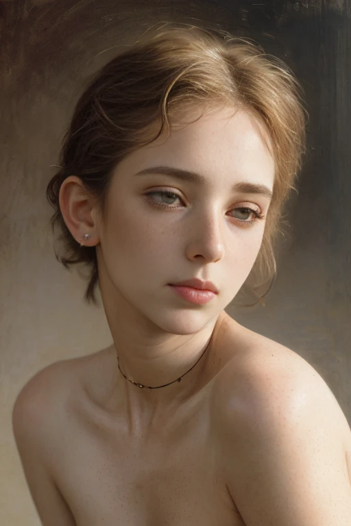 sexy spanish girl, thin neck, (freckled face, blush:1.3), choker, nude, messy hair,  dirty blonde ,  Fluid white fabric , Fantastic art, Arte conceptual, delicate features, feminine,  seductive, trusted, foreground neckline, (lighting chiaroscuro), (style by Howard Chandler Christy:1.0), ( sketch by Jean-Joseph Benjamin-Constant:1.3)
