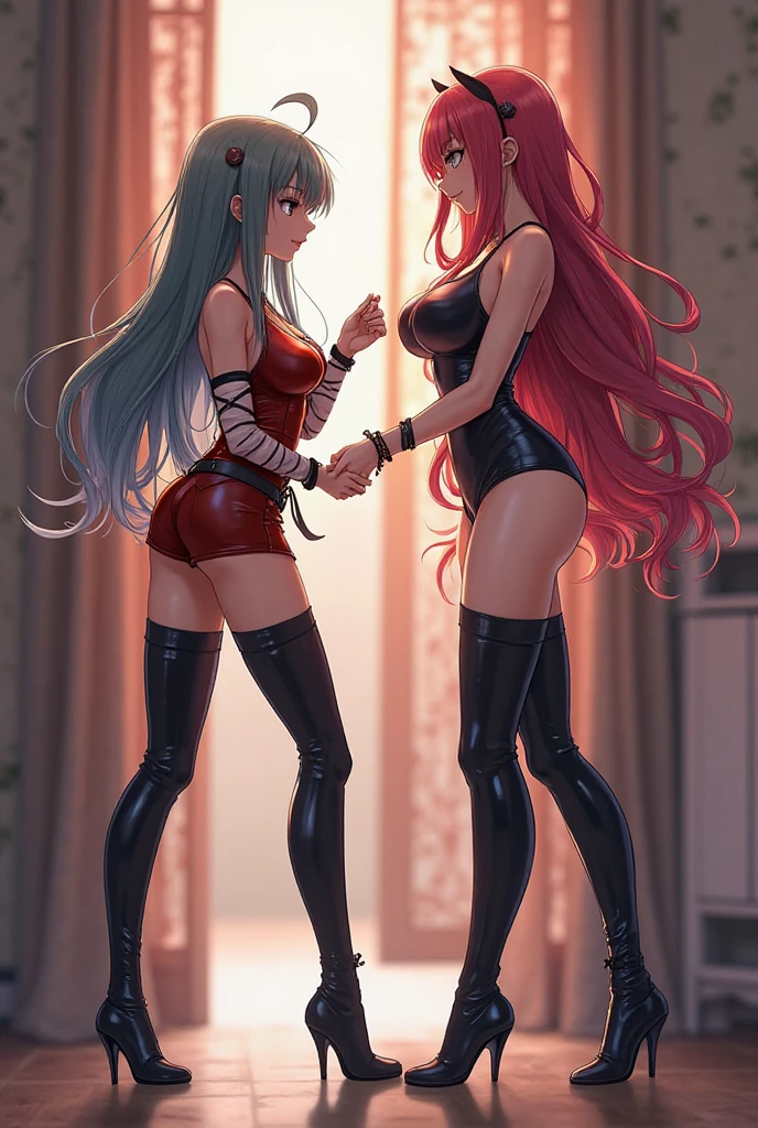 (8k,Super details,best masterpiece,nature,perfect work of art,perfect female figure),two women,sister and sister,sisters,Rainbow hair,perfect face,(huge),Neighbor's Wife,woman hairstyle,elegant wife,mature and exposed,20 years old,fair skin,messy hair,Perfect sexy body,Wear clothes that fit and are sexy,Red lace crop top,Hot thong hot pants,embedded in ass,Hot and sexy secretary,wear glasses,Standing in a spacious conference room,Papers scattered on the ground,Detail background,necklace,perfect eyes,, T-shaped small size,huge的山雀