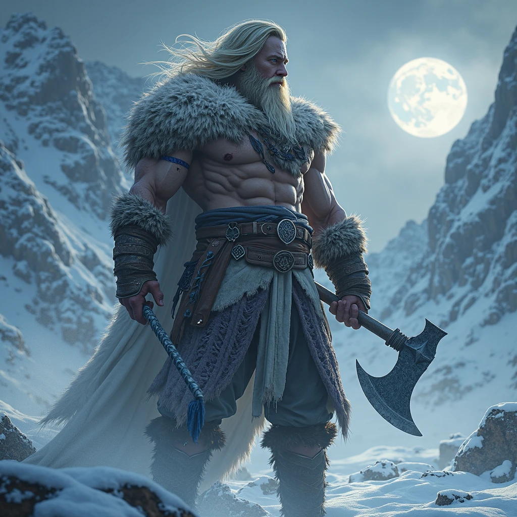 A northern viking demi-god, walking through snow and storm, blonde long hair, beard with one braid with beard-rings , as Eivor from Assasins creed valhalla, othila rune on his forehead, furred clothes, muscle body, prajead armband on biceps, wearing a axe in hand, fierce,darkness, dark side expression, he is frozen, ice on his clothes ,ice on his skin , ice on his beard ,ice on his hair, surrounded by giant frosted mountains , full moon above, almost night ,epic, cinematic, dramatic, intricate details, highly detailed, 8K, hyper-realistic, photorealistic, dramatic lighting, cinematic atmosphere, snow storm, howling wind, blizzard, winter landscape, rocky terrain, ancient ruins, moody tones, cold colors, muted palette, Masterpiece, Best Quality, Anatomically Correct, High Resolution, Best Quality, Detail, HD, High Details, High Quality, Quality, Super Detailed, UHD, Textured Skin, he is frozen, ice on his clothes ,ice on his skin , ice on his beard ,ice on his hair, snow storm comming behind him, deep blue eyes glowing as ice,