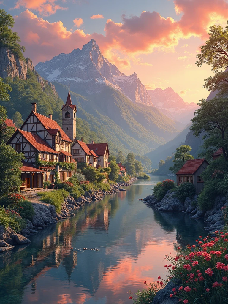 a small village by the river, mountains in the background, floral flowers colorful, detailed landscape, Beautiful natural landscapes, atmospheric lighting, scorching sunset, warm colours, practical, photopractical, Detailed Foliage, complex buildings, cobblestone street, Charming country house, swirly vibrant colors, lush vegetation, Still water reflections, Picturesque, idyllic, work of art, best qualityer, 8k, extremely detaild,anime styling