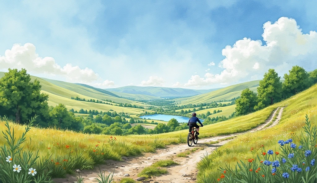 A watercolour view of the beautiful lush green Yorkshire Dales in England with a person on a mountain bike in the middle distance. There is a lake and a view from a dirt track going off into the distance. The sky above is crystal clear blue with a few scattered clouds here and there. The photo captures the beauty and ruggedness of the English Landscape