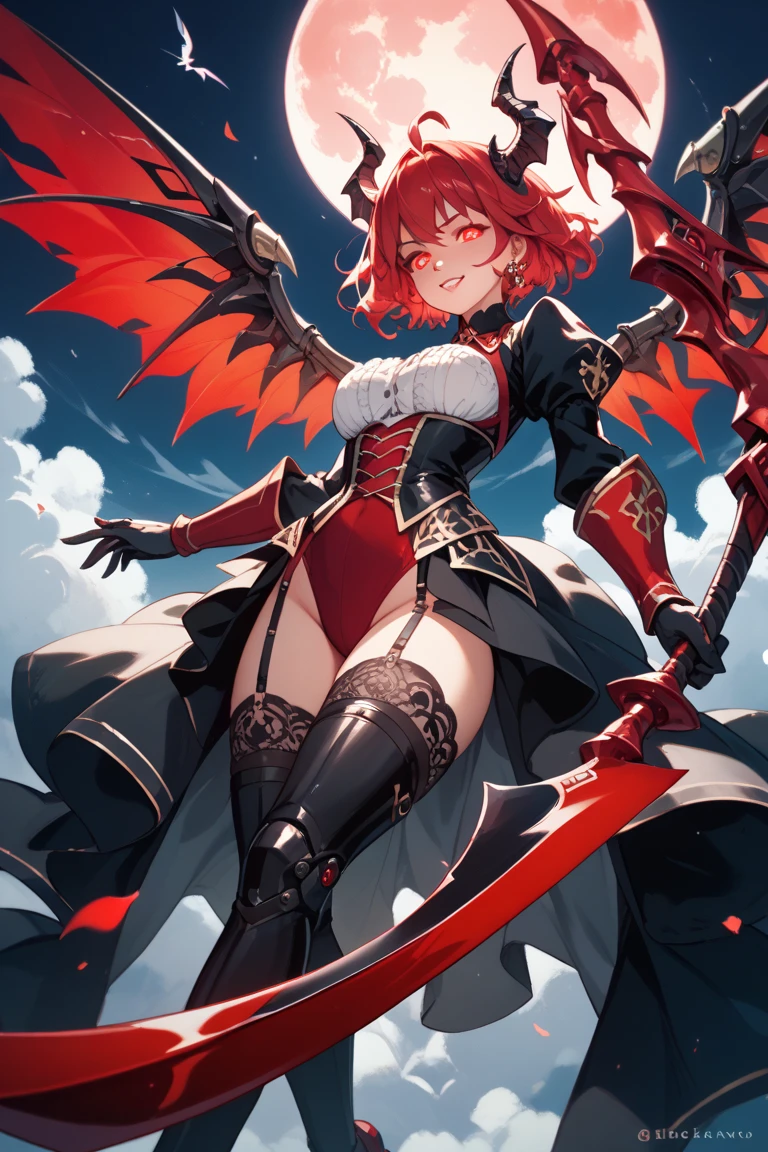 ((Highest quality)), ((masterpiece)), (detailed), (very short hair), ((nsfw)), standing, yandere, evil grin, blush, (blood), (pussy)
Create an image of a ruthless female character named Calamity Ignis, belonging to the Versatile Order. She has a striking and menacing appearance with an aura of danger. Her hair is long and vibrant, resembling fireworks, with a mix of bright colors like red, orange, and yellow. Her eyes are sharp and predatory, glowing with a sinister light. She has a lithe and athletic build, with an air of agility and strength. Her cheeks are slightly flushed, and she has a wicked smile on her face, showing her delight in the chaos she causes.
Background: Set in a mystical, swirling vortex of energy with floating red threads and glowing symbols, creating an otherworldly atmosphere.
Pose and Expression: She stands confidently, holding a deadly weapon like a spiked chain or dual blades, ready for combat. Her expression is a mix of cruelty and delight, with flushed cheeks and a wicked smile that shows she enjoys the chaos and destruction she causes. Her eyes should reflect a sense of malicious joy, and her posture should convey readiness for action.
Outfit: Inspired by the provided image, she wears a detailed bodice with intricate gold embroidery and vibrant red and orange accents. The outfit includes a short skirt with high slits, revealing long, flowing ribbons and decorative elements. She has a fox mask as an accessory and other ornate decorations like flowers. Her outfit should have a mix of traditional and modern elements, combining intricate patterns with sharp armor pieces.
Additional Details: Her weapons should be detailed and menacing, reflecting her brutal nature. The spiked chain or dual blades should have intricate designs and a realistic, lethal appearance. The background should enhance her dangerous aura, with dramatic lighting and shadows that highlight her menacing presence. Her overall appearance should be dynamic and unsettling, capturing her ruthless and