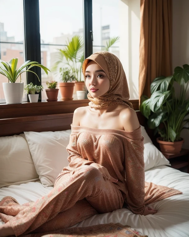 Indonesian girl in hijab wearing a night dress with big breasts wearing glasses having sex in the room full body