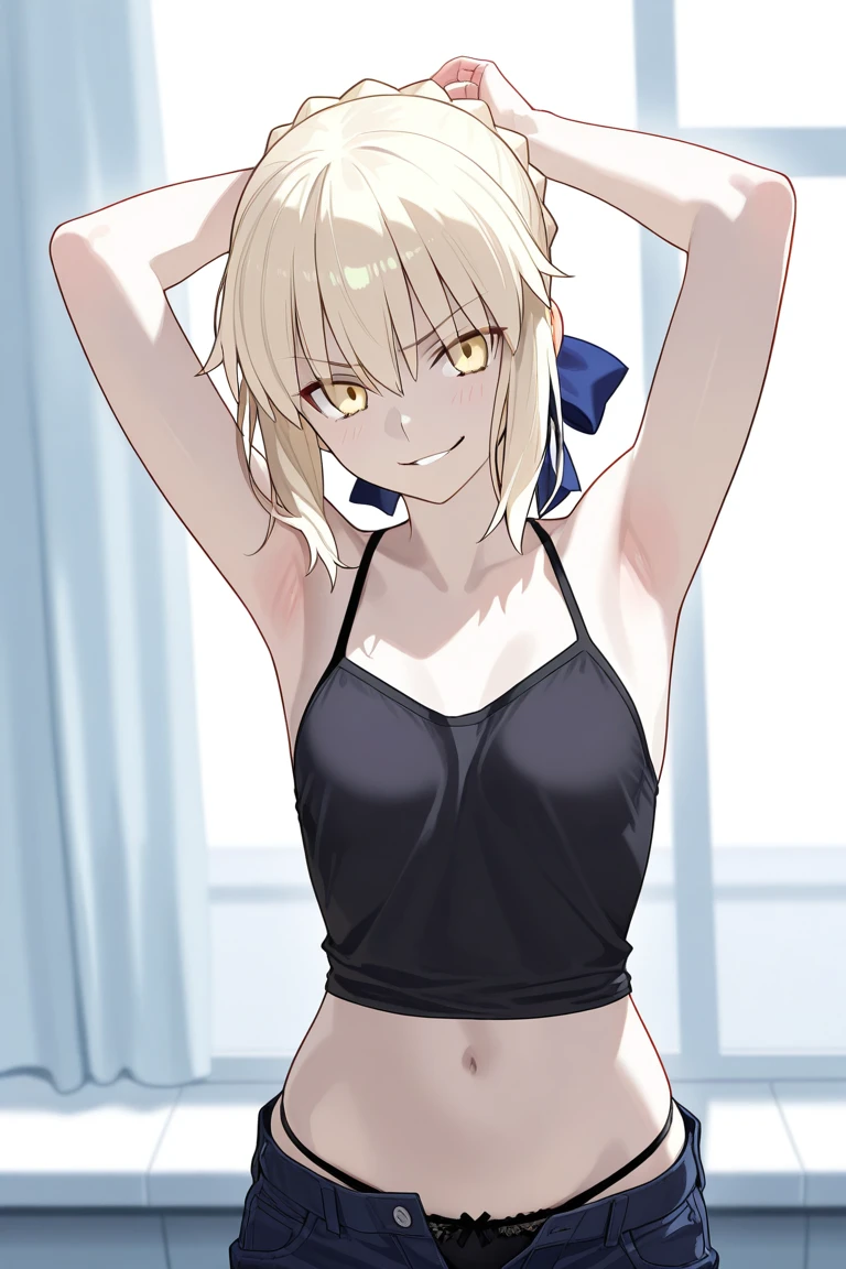 1girl, (armpit), cute shirt, exposed shoulders, no panties, navel, (toned midriff:0.5), (blonde), happy, (toned arms:0.1), (light casting shadow on body), hairpin, armring