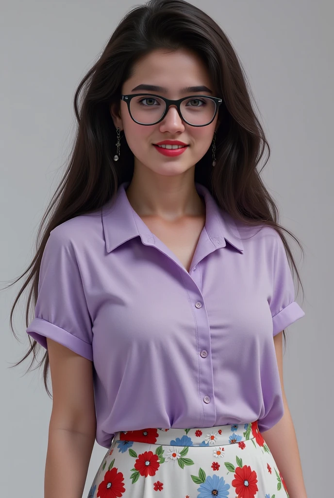 A 50-year-old woman with slightly curly, intense, uniform violet hair. She wears cateye glasses. She is elegantly dressed in a high-necked blouse that exudes sophistication, paired with designer pants that perfectly match the blouse, ensuring no skin is shown. She sports subtle lilac earrings. Her mouth is slightly closed, revealing natural lips. The image style is surrealistic, with high-level detailing. Strong chiaroscuro is used to add depth and drama, accompanied by a film grain texture for a cinematic touch. The focus is on a close-up, ideal for use as an avatar. The woman's skin is portrayed with ultra-high definition, precise, and textured.