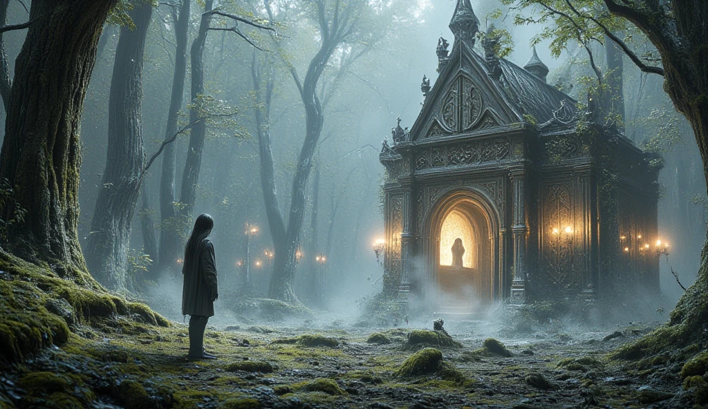 A dreamy and fantastical digital artwork in a soft fantasy style, capturing the emotional depth of lost love with a touch of magic. In the center, a lone figure stands at the entrance to a glowing horde (a small enchanted room), their silhouette partially shrouded in mist, symbolizing the lingering connection to the past. Around them, a magical forest stretches endlessly, with trees covered in glowing moss and crystals, creating an ethereal atmosphere. Floating orbs of light drift through the air, resembling lost souls or memories. In the distance, a small enchanted cottage glows faintly, its light representing the fading warmth of love. Inside the horde, a woman sits by the window, her hair glowing softly as if imbued with magic, but her eyes are filled with sorrow. The atmosphere is serene yet tinged with melancholy, blending muted tones like pale blue, silver, and soft gold with subtle glowing accents. Hyper-detailed elements, such as the glowing moss, floating lights, and shimmering frost, add depth and meaning. 16:9 aspect ratio, cinematic composition designed to evoke introspection and wonder.
