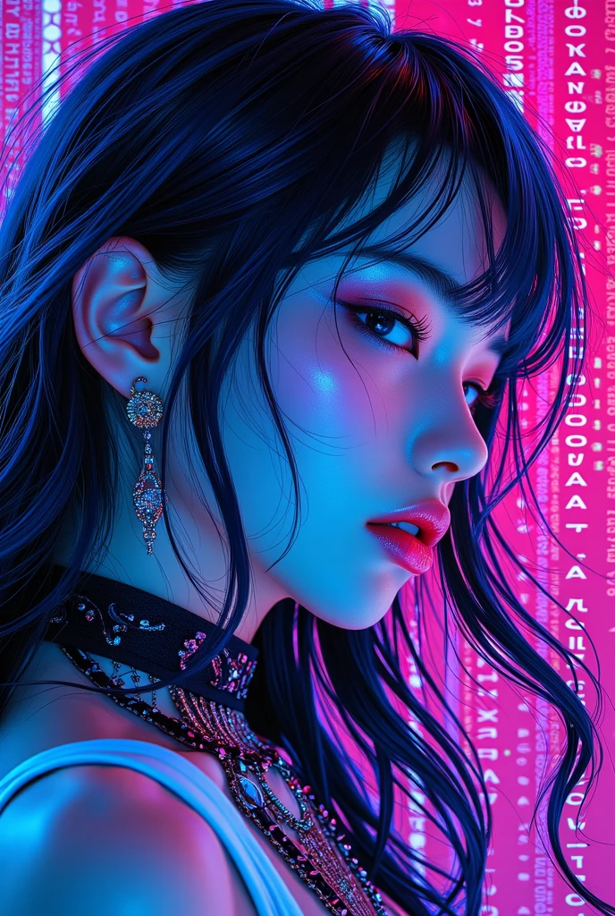 Algorithm girl, futuristic hacker girl, long wave hair＋Mesh Color（Blue or Purple)asymmetrical hairstyle,futuristic   in vector art style, pure white skin,stare at viewers with pretty big breasts,fearless laugh ,pink、 neon blue、Purple 、Use silver a lot,pinkと蛍光グリーンのアクセントカラーが強いフューチャリスティックな雰囲気を醸し出す,digital code flowing through cyber space in vector art style,  High Contrast Illustration   ,    vector style drawing   ,    vector artwork    ,  vector illustration  ,     vector style drawing    ,   High Contrast Illustration   , virtual space background with,     contemporary art illustration   , Digital Art Illustration, profile artwork,Blue Monday (national holiday; April 29)