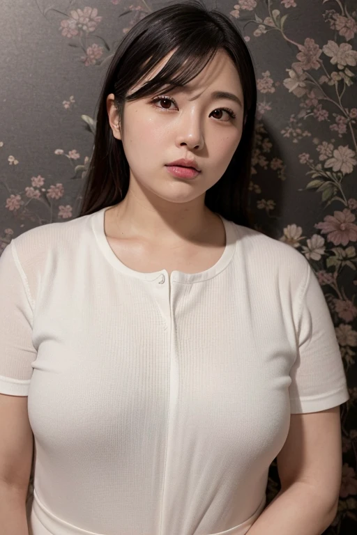 ((best quality, 8K, masterpiece, Clear focus )), 18 years old young Korean girl, ((Dark brown long hair, Huge breasts:1.3,Large, round chest :1.3)), Slim abdominal muscles :1.5,((Low-cut tight short T-shirt :1.6) ), (Wooden wall background :1.2), Highly detailed face and skin textures, Delicate eyes, Double eyelids, Toothy smile,sweet,cute,collagen,cosmetic,Focus on the chest