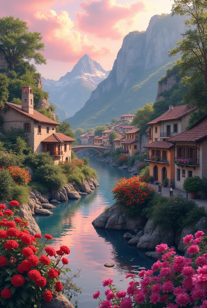 a small village by the river, mountains in the background, floral flowers colorful, detailed landscape, Beautiful natural landscapes, atmospheric lighting, scorching sunset, warm colours, practical, photopractical, Detailed Foliage, complex buildings, cobblestone street, Charming country house, swirly vibrant colors, lush vegetation, Still water reflections, Picturesque, idyllic, work of art, best qualityer, 8k, extremely detaild,anime styling