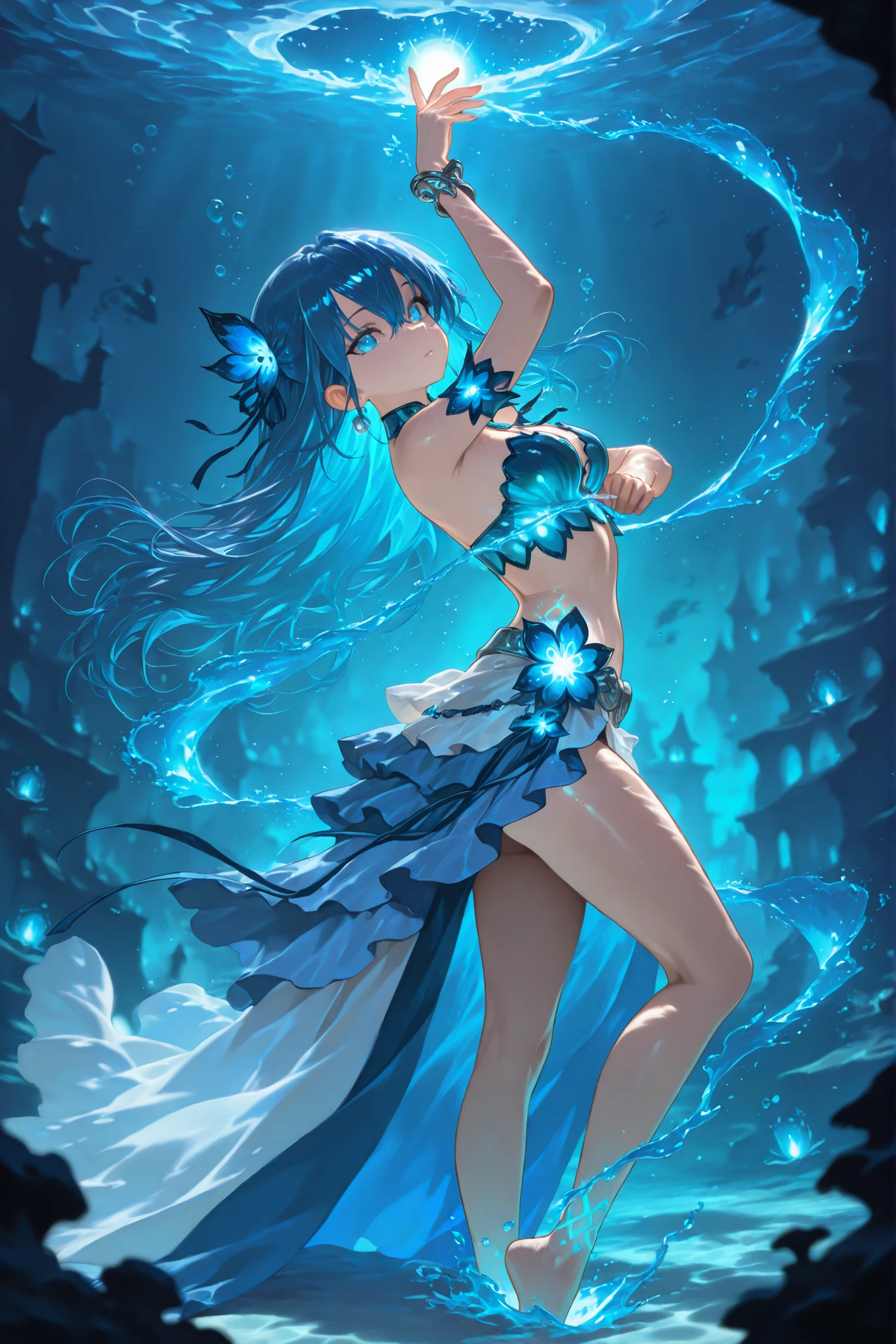 1girl, jewelry, beautiful blue hair, ribbon in hair,deep blue eyes, dancing, waterbender, she control the water, make a glowing water spheric vortex ,
, fantasy underwater background, fantasy underwater animals in back, glowings corals in back,
masterpiece,best quality,amazing qualQFity,very aesthetic,absurdres,newest,