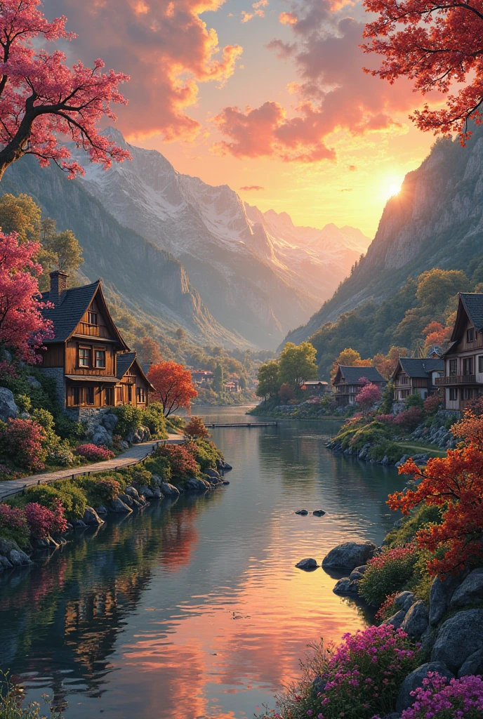 a small village by the river, mountains in the background, floral flowers colorful, detailed landscape, Beautiful natural landscapes, atmospheric lighting, scorching sunset, warm colours, practical, photopractical, Detailed Foliage, complex buildings, cobblestone street, Charming country house, swirly vibrant colors, lush vegetation, Still water reflections, Picturesque, idyllic, work of art, best qualityer, 8k, extremely detaild,anime styling