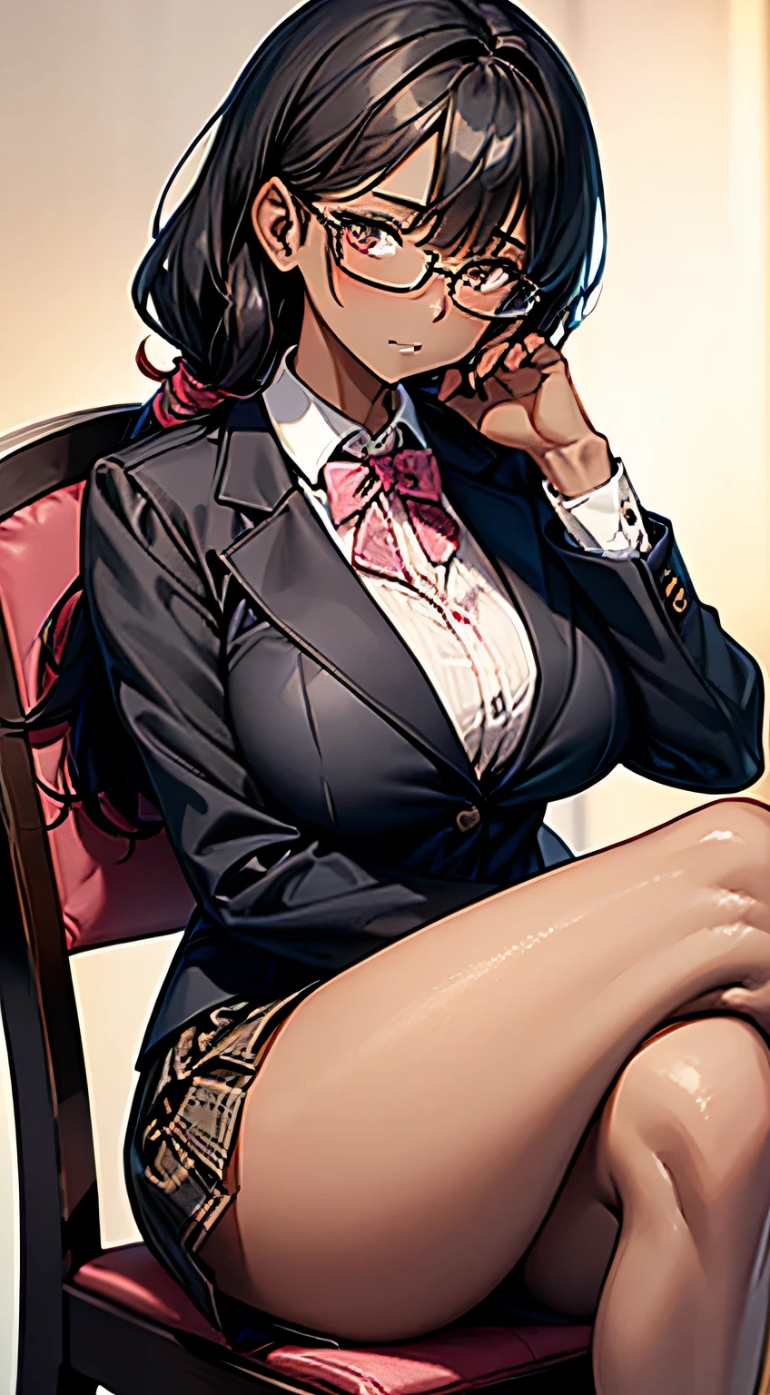 masterpiece, best quality, ultra detailed, art station, (full body in frame), 1girl, romanticism, solo, (detailed face), cute face, (((slim face))), ((sharp jawline)), blush:1.2, (heart shaped pupil:1.4), seductive smile, gasp, steam, (big eyes), panic, flustered, wind swept hair, cute choker, black choker, bowtie, (((tight school uniform))), (((mini school uniform))), (cropped school unform), ((bikini:1.4)), medium large boobs, perky boobs, puffy , perky , cleavage visible, showing off cleavage, showing off midriff, (showing off belly), bloated belly, (muffin top belly:1.1), abs, slightly muscular abs, accurate belly button, accurate lower belly, (slim waist), (wide hips), (panty strings:1.1), (((thong strings:1.1))), (mini skirt), thick thighs, (muscular thighs:1.2), (muffin thighs:1.2), thigh highs, looking at viewer, (dutch angle:1.2),facing the viewer, (background in an office:1.4), (dappling sunlight:1.2), (vibrant colours:1.2), bright colours