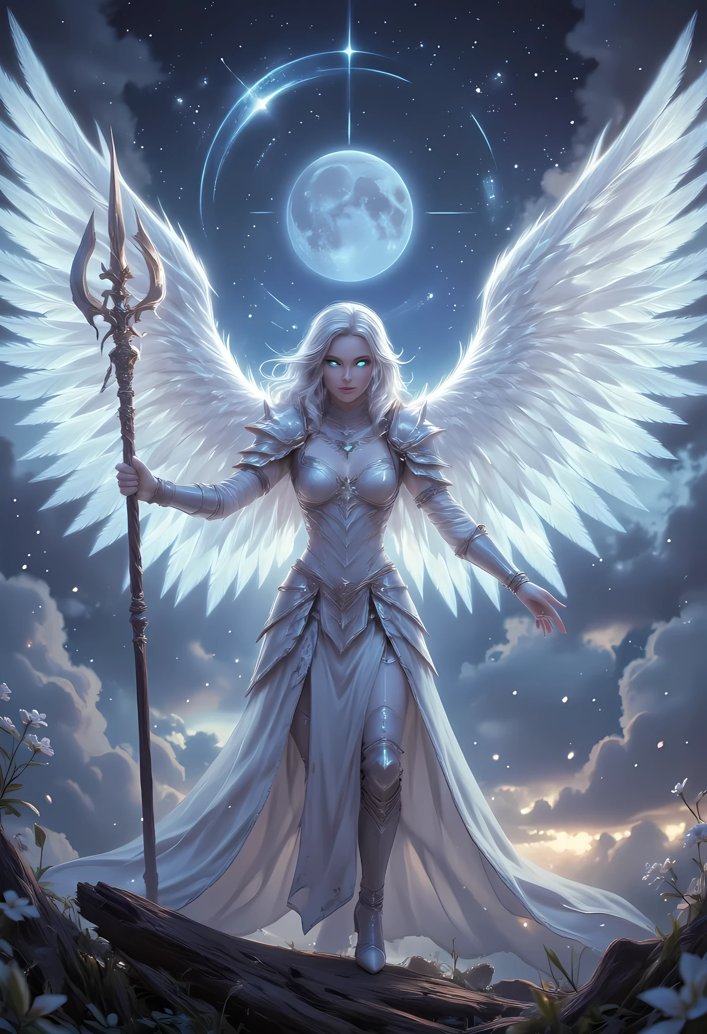 female, sorceress, casting divine spell, full body, aasimar, female, white large feathered wings, silver hair, blue eyes, determined face, ultra detailed face, best detailed face, divine light, intense eyes, ultra feminine, ultra detailed face, (Masterpieceת intense details:1.5), wearing white armor, high heeled boots, armed with staff, moon, stars, clouds, fantasy magical heaven background, cinematic lighting, soft light, silhouette, photorealism, 16k, highres, best quality, 2.5D rendering, fantasy, Celestial Fantasy