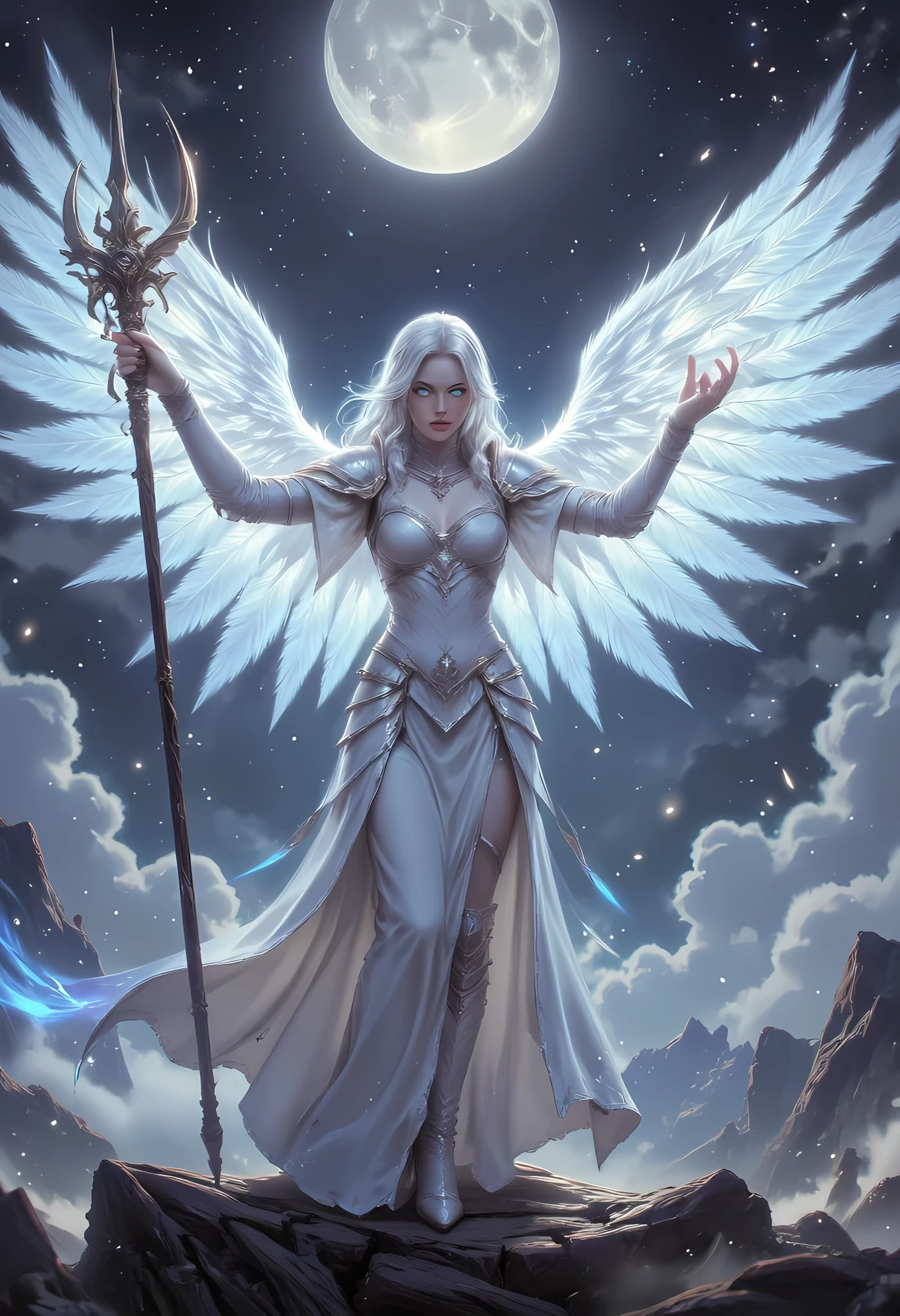 female, sorceress, casting divine spell, full body, aasimar, female, white large feathered wings, silver hair, blue eyes, determined face, ultra detailed face, best detailed face, divine light, intense eyes, ultra feminine, ultra detailed face, (Masterpieceת intense details:1.5), wearing white armor, high heeled boots, armed with staff, moon, stars, clouds, fantasy magical heaven background, cinematic lighting, soft light, silhouette, photorealism, 16k, highres, best quality, 2.5D rendering, fantasy, Celestial Fantasy