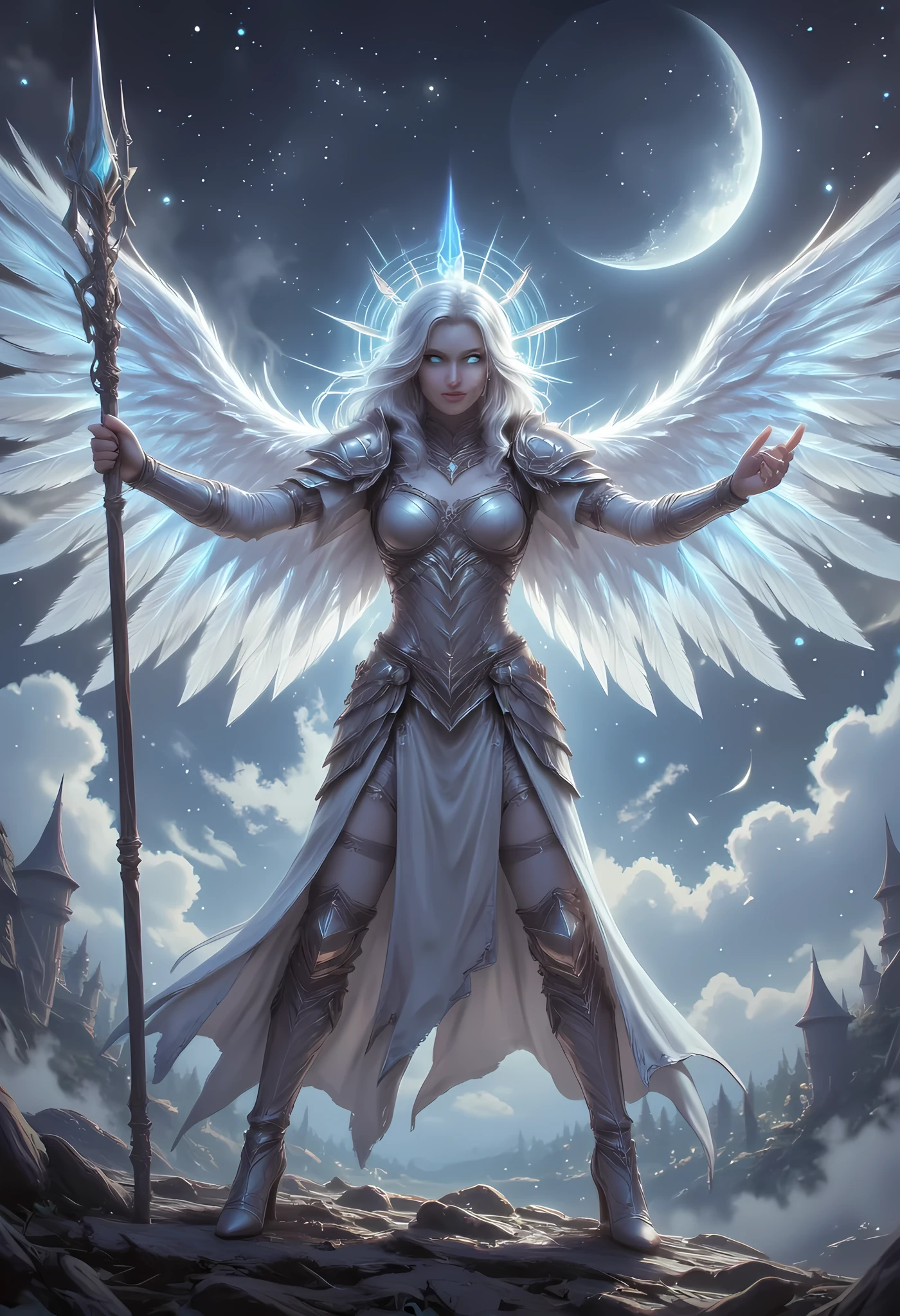 female, sorceress, casting divine spell, full body, aasimar, female, white large feathered wings, silver hair, blue eyes, determined face, ultra detailed face, best detailed face, divine light, intense eyes, ultra feminine, ultra detailed face, (Masterpieceת intense details:1.5), wearing white armor, high heeled boots, armed with staff, moon, stars, clouds, fantasy magical heaven background, cinematic lighting, soft light, silhouette, photorealism, 16k, highres, best quality, 2.5D rendering, fantasy, Celestial Fantasy