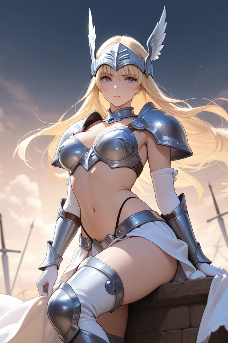 Very detailed、highest quality、(Best image quality:1.5)、(masterpiece:1.5)、8k、Anime Face、A kind smile、Open Mouth、(Beautiful bright blue eyes:1.5)、(Blonde wavy hair:1.5)、Muscles of the whole body、Thigh belt、(Wearing white bikini armor:1.5)、(Cowboy Shot:1.6)、(Wearing a helmet:1.5)、(Holding a battle axe:1.5)、Warm lighting