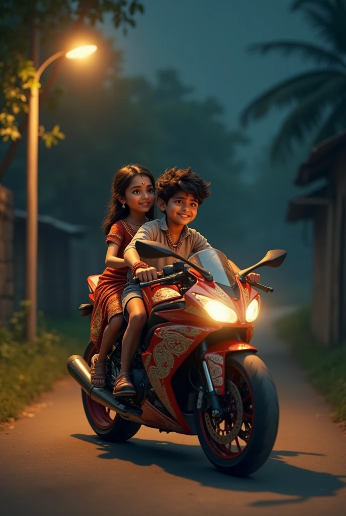 Indian boy traditional girl on pulsar n150 bike the road night time