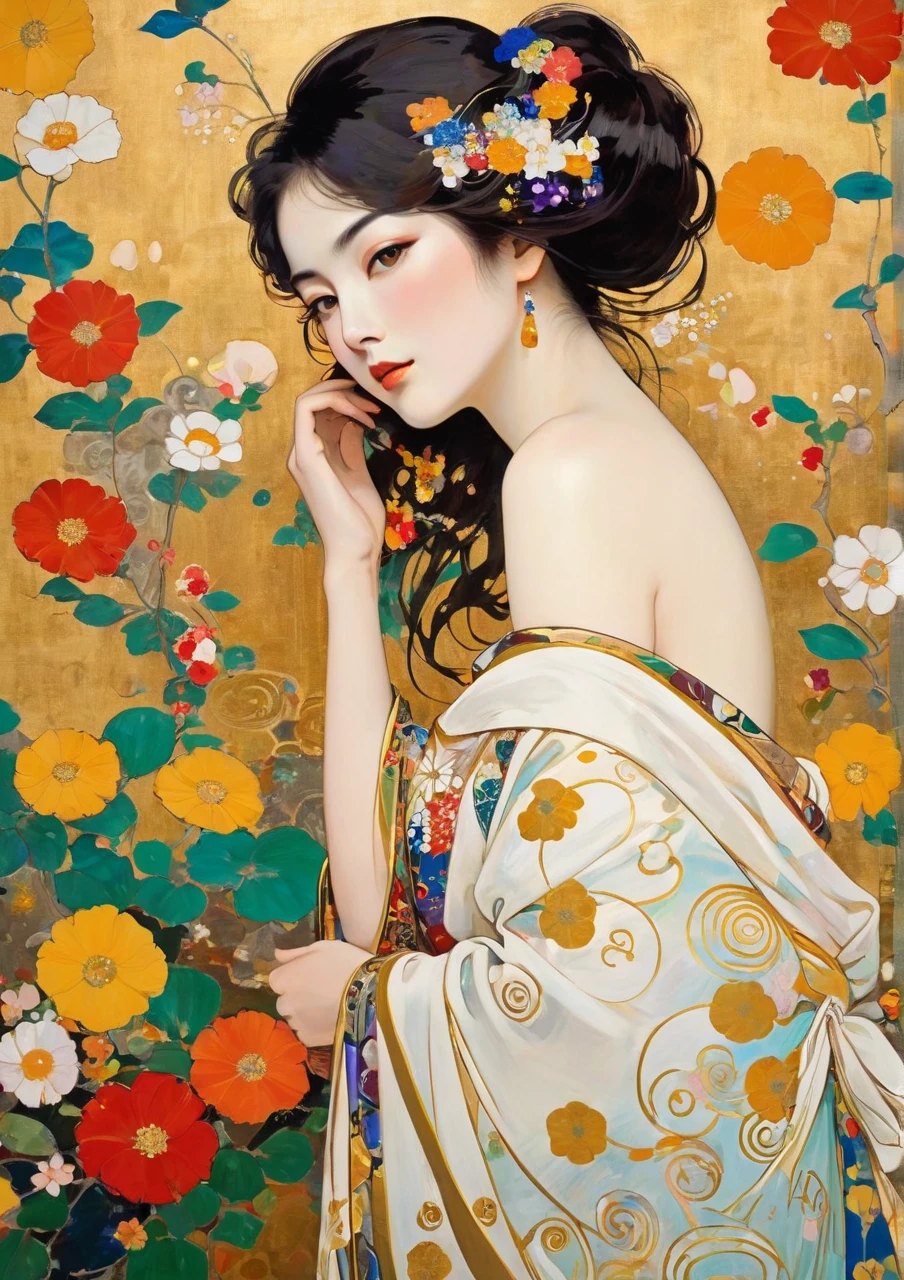 Masterpiece Japanese Painting, Klimt Style Masterpiece, flat art, Crepas painting,    abstract,  lots of flowers , looking at flat illustration, 40 years old, Off Shoulder, harf-open-eyes,sexy,  Bold Composition ,