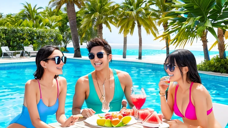 (((1 boy and 1 girl are having sex on pool,cowgirl position,girl on top))),private pool、reserved、sexy woman、tits、sunglasses、naughty smile、Laugh out the bello、Hotel、Pink and brown hair、selfie