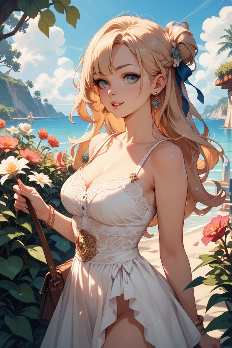 (masterpiece:1.2, Highest quality), (Realistic photos), Beautiful illustrations, (Natural side lighting, Cinema lighting),High detail、1 girl, Japanese、20-year-old female, Perfect Face, Symmetrical cute face, Glowing Skin, (Blonde、Long Hair、Inward curl perm), Dark blue eyes, (Huge breasts:1.2), Cleavage、Earrings、necklace、Slender build, Flowing bangs、Beautiful Hair, Beautiful Face, Fine and beautiful eyes, Beautiful body, Beautiful breasts, (Champagne gold maxi dress),smile、Blushing、sit、garden、rose