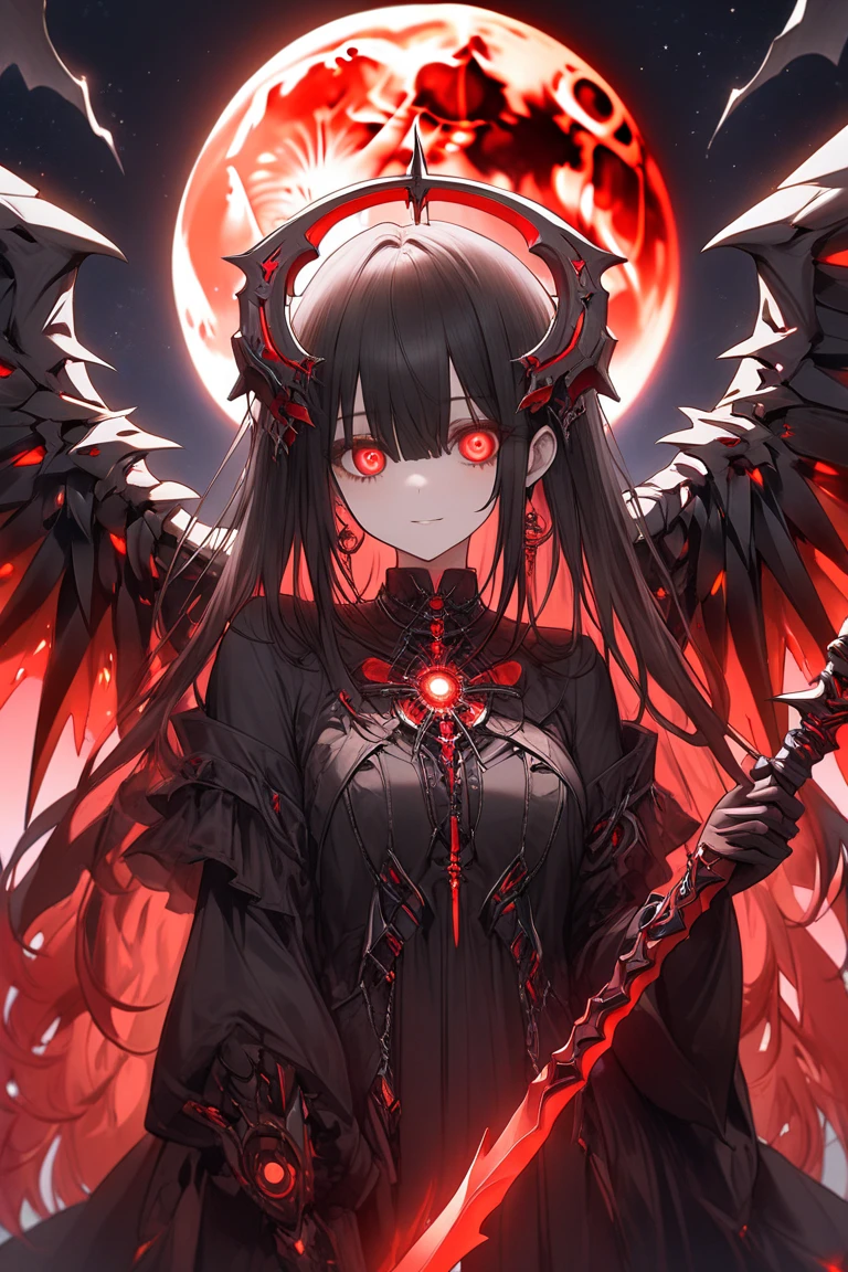 (Highest quality,4K,High resolution,masterpiece:1.2),Very detailed,Realistic:1.37,Spooky altar background,Dark fantasy,Red color scheme,Ominous atmosphere,Eye-catching,Storytelling,anatomy,Anime Style,Concept Art,beautiful細部までこだわった顔と (((Red eyes ))),Not exposed,Don't show skin,The body is covered with clothing,Terrifying Ritual ,Long golden hair,Blonde Hair,disaster々New Tiara,Satanic Ritual,Untimely Death,Unjust act,Crazy Smile,Scythe Face,Girl Monster, beautiful, Delicate facial features, Sharp Eye, Sharp Fangs, Pale skin, Thick chain, Dark Background, Cinema Lighting, Dramatic Shadows, Gothic style, Gloomy atmosphere, Dark fantasy, One Girl, , Please open your mouth wide, Open your mouth and baring your teeth,Sharp teeth like a beast, Wide lips, very wide mouth, Vermilion cheeks, ,(Blood splatter:1.4),Scary smile, laugh at,Fallen angel design, Twisted smile、Bloodstained、bleeding from the head,,、Blood splatter、,(Blood splatter:1.4),Crossbones, skull,Horror Style, ((Fantasy Fallen Angel Costume)), ((flowing blonde hair)), ,(Blood splatter:1.4),Female curves, Sexy flat stomach, Perfect hands, Perfect anime face, ((White Lolita Dress)), Are standing, ((Wicked Smile)), ,(Blood splatter:1.4), Steam circulates, Moonlight Illumination, night lighting, disaster々new devil horns,,(Blood splatter:1.6),アニメFallen angel design, Twisted smile、Bloodstained、bleeding from the head,,、Blood splatter、,(Blood splatter:1.4),Crossbones, skull,Gothic architecture、Western architecture、Fantasy World、,Victorian cities, Skeleton Gaslight,