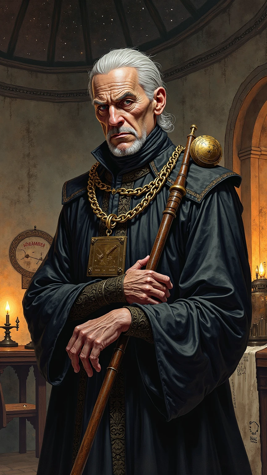 A realistic medieval fantasy portrait of Archmaester Vaellyn, called Vinegar Vaellyn, a sharp-tongued, intimidating scholar of the Citadel of Oldtown. He is an older man with deep-set, piercing eyes, a thin, hawk-like nose, and a sour, permanently scowling mouth. His skin is pale and papery, and his gray hair is pulled tightly back, revealing a prominent, furrowed brow. His expression is one of disdainful intellect — a man who suffers fools not at all.

He wears the traditional robes of a maester, though darker and more austere than most, layered with a chain heavy in bronze links. His rod and mask are also bronze, denoting his expertise in astronomy — the study of the heavens. Perched on his shoulder or resting nearby is a bronze astrolabe or armillary sphere. His long fingers are ink-stained, one of them curled near a star chart or old celestial scroll.

In the background: the curved walls and star-painted ceiling of a Citadel observatory, with glowing lanterns, telescope-like instruments, and celestial models casting long shadows. A subtle detail in the corner: a chalkboard or parchment labeled “Vinegar Vaellyn” in a student’s annoyed scribble.

The mood is severe and scholarly, with a touch of dark wit — perfect for a man known both as the Stargazer and Vinegar Vaellyn.

Style: dark academic fantasy, candlelit interior with celestial glow, detailed textures, Oldtown Citadel atmosphere.

The colors are natural and muted, with earthy tones and subtle highlights reflecting the sunlight. The thick ink lines and detailed shading evoke the classic style of medieval comic adaptations.