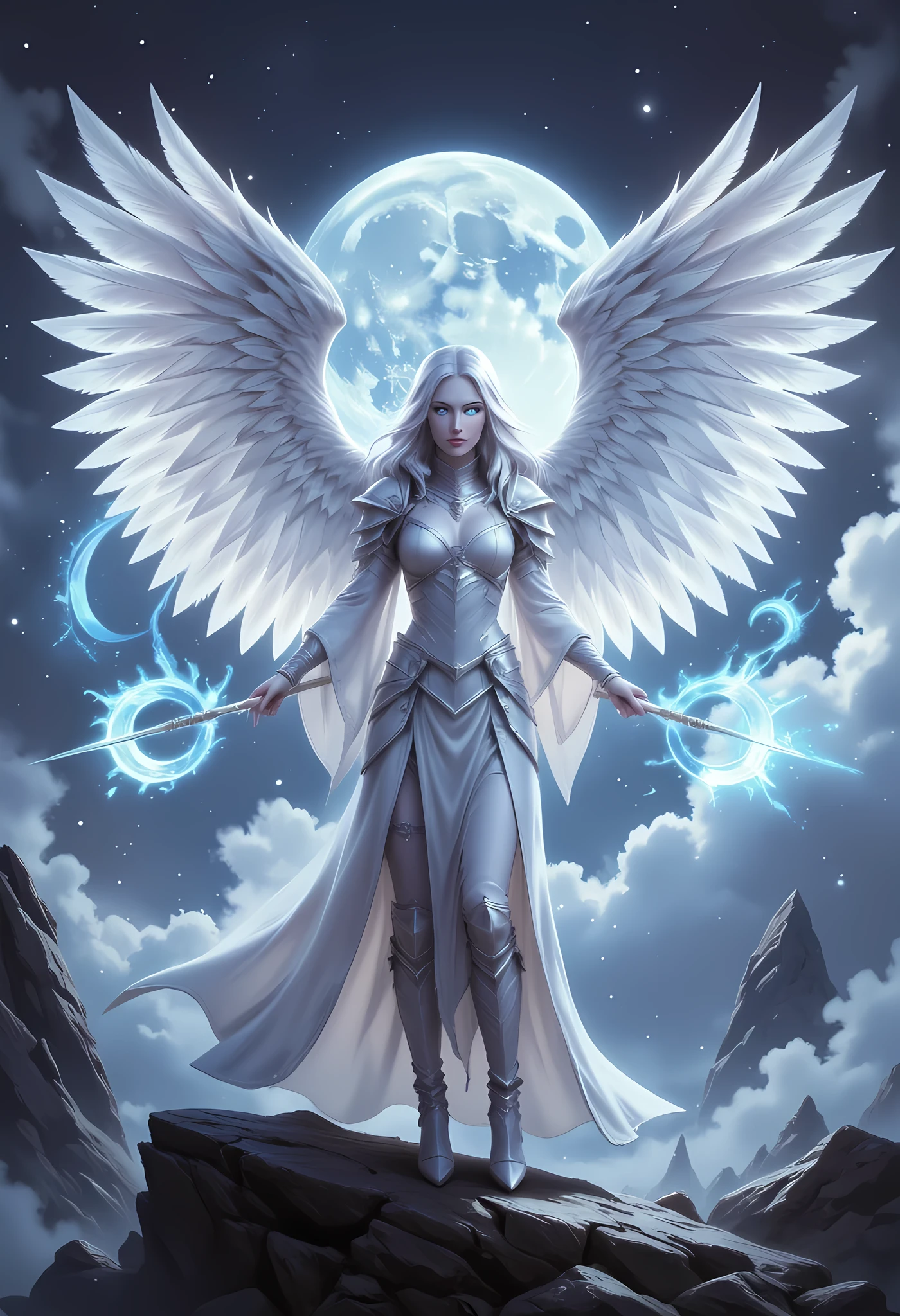 female, sorceress, casting divine spell, full body, aasimar, female, white large feathered wings, silver hair, blue eyes, determined face, ultra detailed face, best detailed face, divine light, intense eyes, ultra feminine, ultra detailed face, (Masterpieceת intense details:1.5), wearing white armor, high heeled boots, armed with staff, moon, stars, clouds, fantasy magical heaven background, cinematic lighting, soft light, silhouette, photorealism, 16k, highres, best quality, 2.5D rendering, fantasy, Celestial Fantasy