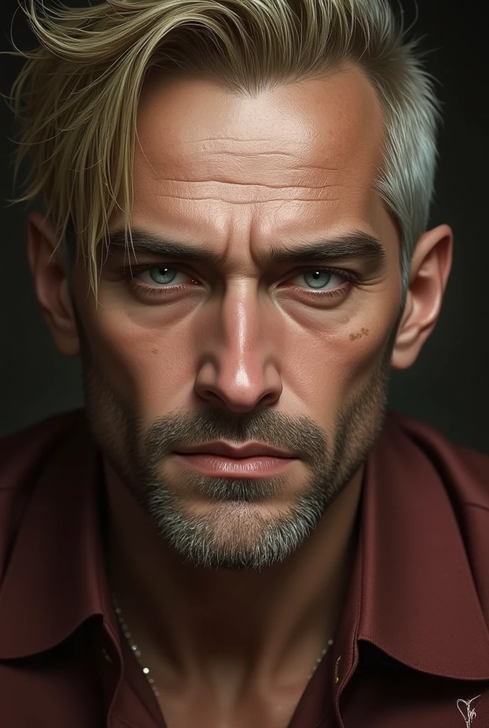 A guy, iranian turkish, tanned skin, puffy lips, 38 years old, blonde hair, blue eyes, wearing a maroon shirt, realistic hd portrait 