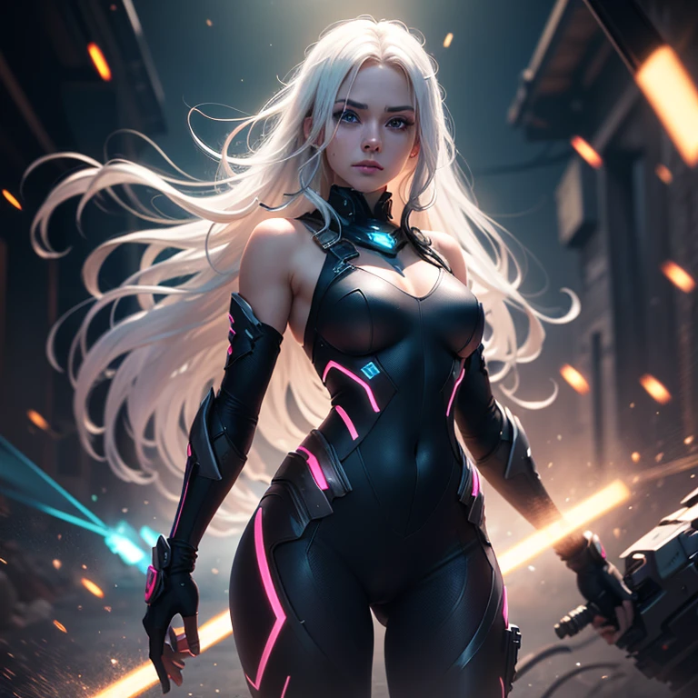 White woman, brown eyes, light brown wavy hair, wearing a black bodysuit with silver mugler style details, silver high boots, silver nails, with silver outlined, good art, 8k, well done art, good graphs, good quality, masterpiece, best quality, ultra-detailed, illustration, silver details