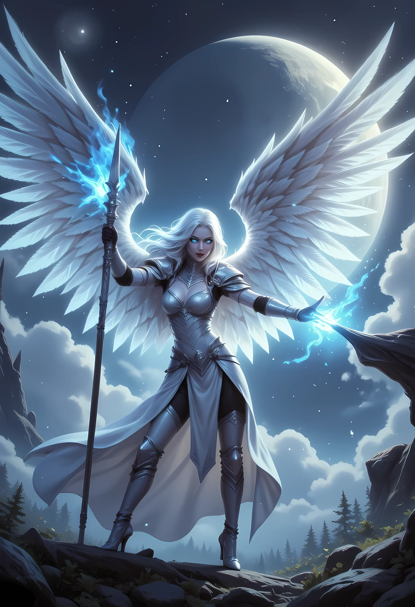 female, sorceress, casting divine spell, full body, aasimar, female, white large feathered wings, silver hair, blue eyes, determined face, ultra detailed face, best detailed face, divine light, intense eyes, ultra feminine, ultra detailed face, (Masterpieceת intense details:1.5), wearing white armor, high heeled boots, armed with staff, moon, stars, clouds, fantasy magical heaven background, cinematic lighting, soft light, silhouette, photorealism, 16k, highres, best quality, 2.5D rendering, fantasy, Celestial Fantasy
