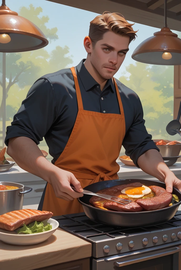 A strong chubby guy, cooking, ginger hair, chin beard, apron on, shy expression, shirtless, alone, ((side view))
