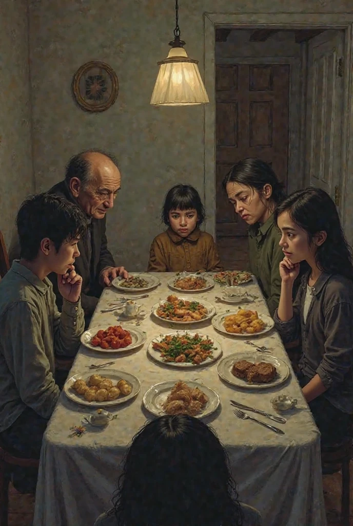 A family eating the table with a depressed face