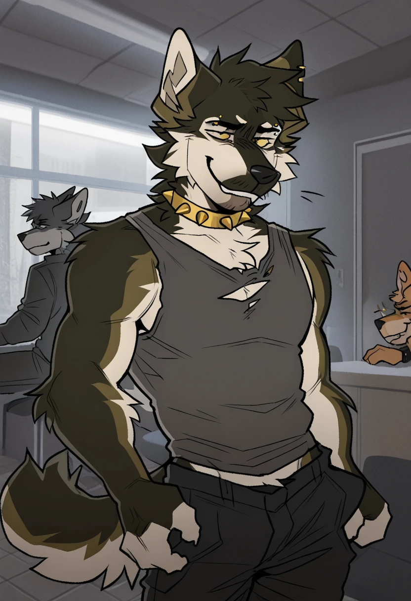A male furry Panther is in the middle of a studio, exhausted from dance practice, wearing a cap and an open black jacket showing his chest.