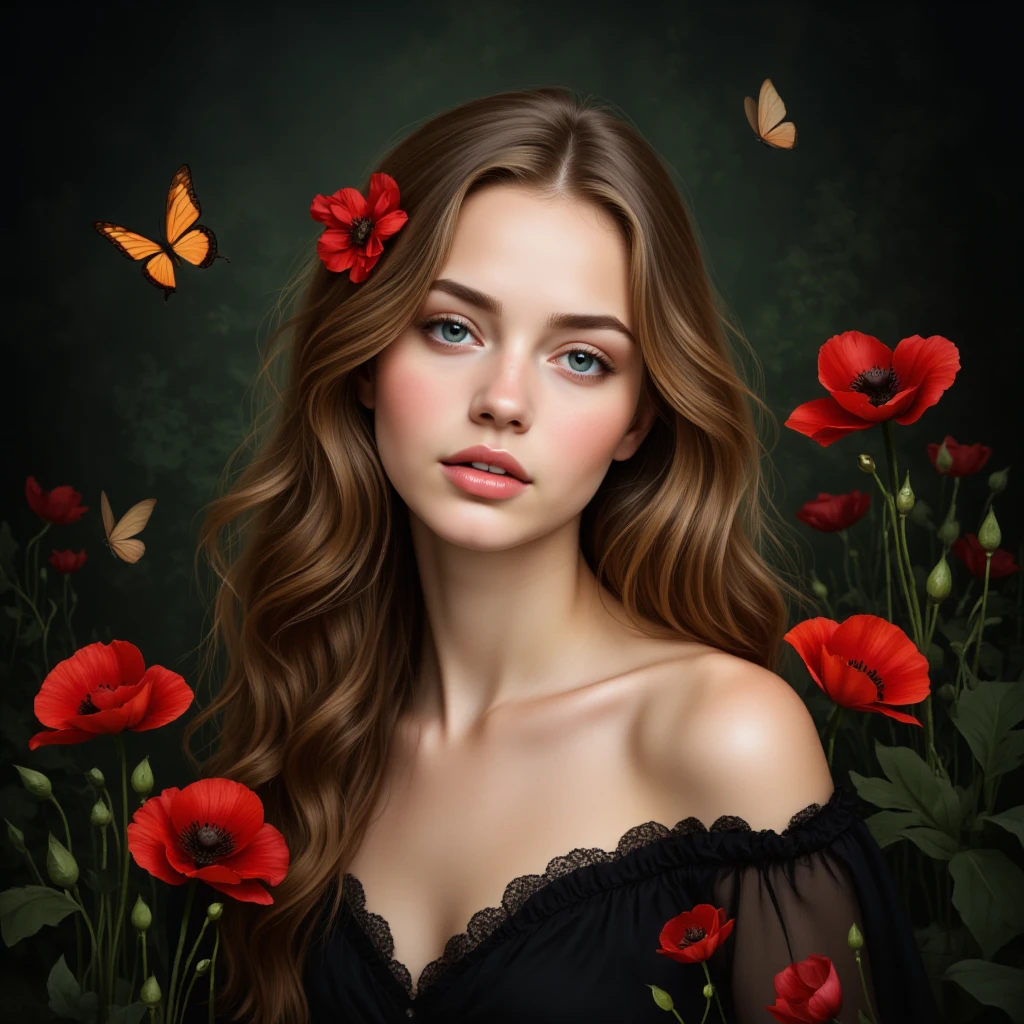 A digital illustration shoot from a portrait camera angle about a portrait of a woman surrounded by red poppies and butterflies, featuring a young woman with long, wavy, light brown hair and striking blue eyes. she is positioned in the middle of the image, wearing a sheer, off-the-shoulder dress that accentuates her bare shoulders. the woman has a serene expression and is looking directly at the viewer, with her lips slightly parted. her hair is adorned with a few red flowers and a few butterflies fluttering around her, adding a touch of whimsy to the image. the background is a dark, moody color palette with hints of greenery, and the overall effect is one of beauty and serenity. the artist's signature, "Gloria Ruiz" in the bottom left corner, is also visible.