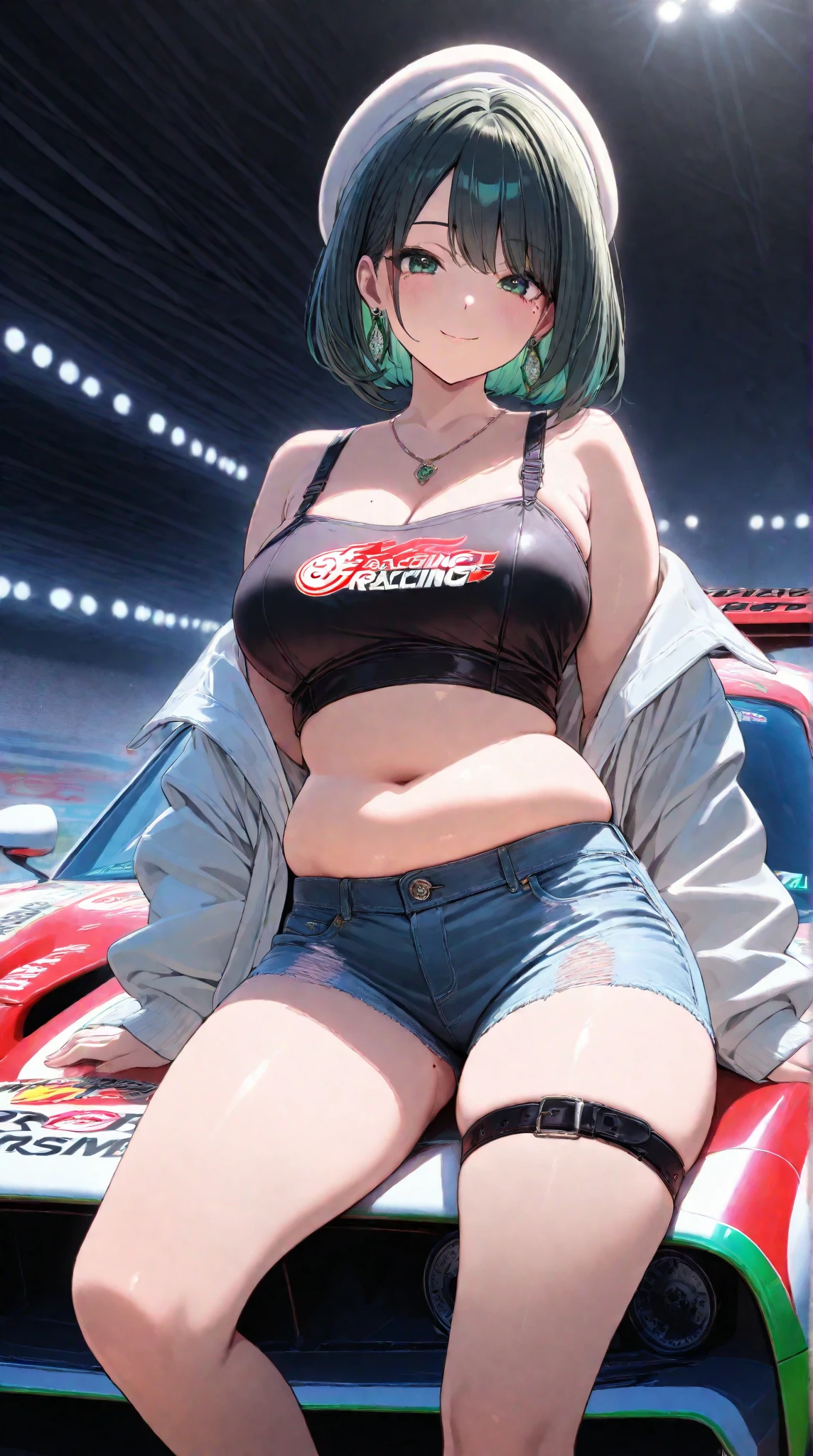 ella_(Rainbow_Six_Siege), tmasterpiece, Best quality at best, 1girll, 独奏, disguise, hindquarters, eBlue eyes, Protective goggles, big assa, Open abdomen, Large breasts, short detailed hair, Turn Back, Earphone, Bao, looking at viewert, sun glasses, goggles on head, Camouflage panties, Military, Sat down, cparted lips, Boots, Colored glasses, baseball cap, glasses on head, cleavage,hason,Abdominal distension