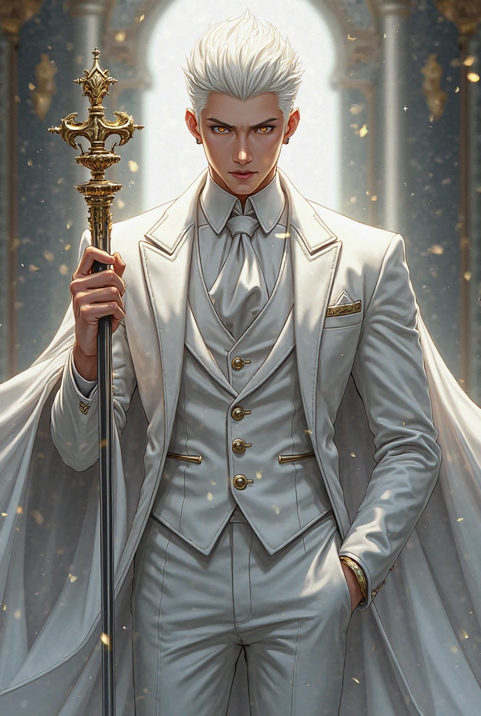 Man White hair, Slicked Back Undercut, golden eyes, white suit, holding a scepter Anime