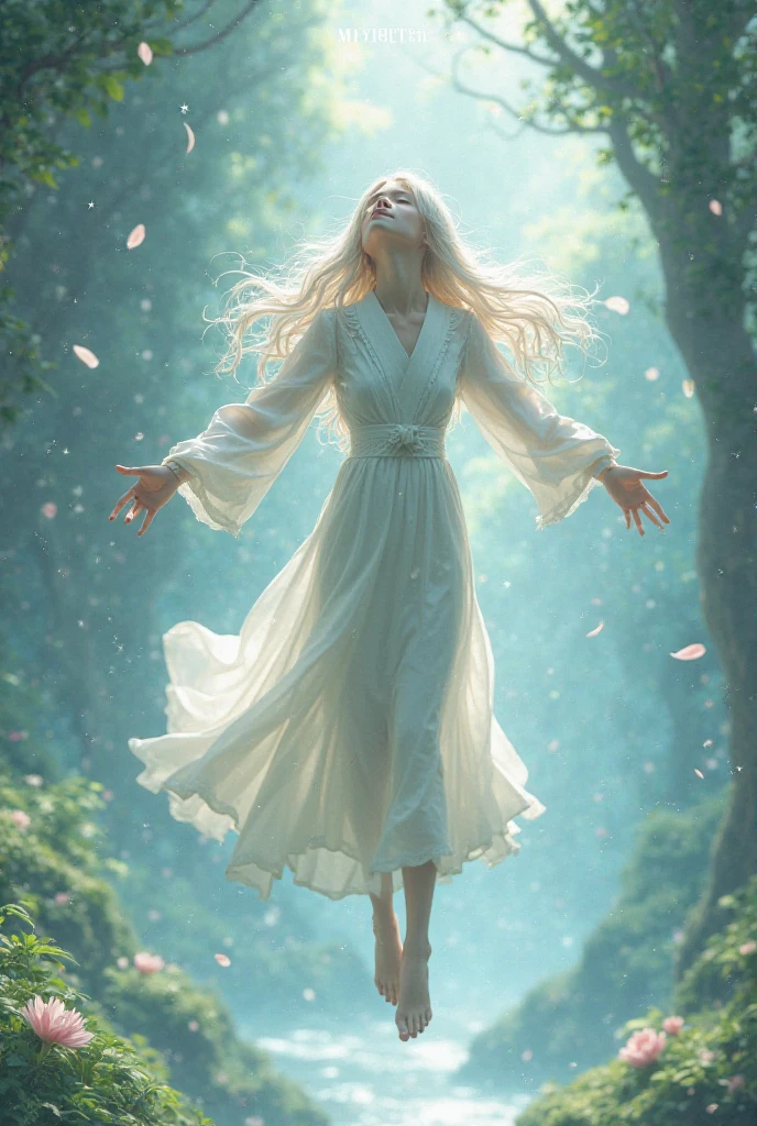 Jeune femme, cheveux blanc, yeux fermé, tête en arrière, en train de leviter, les bras écartés, dans un décor fantasy, style manga